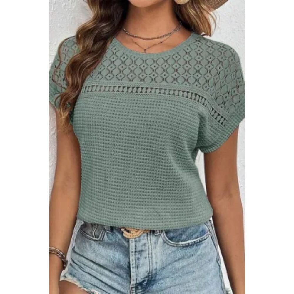 SHEWIN WOMEN MIST GREEN HOLLOW PATCHWORK WAFFLE KNIT TOP